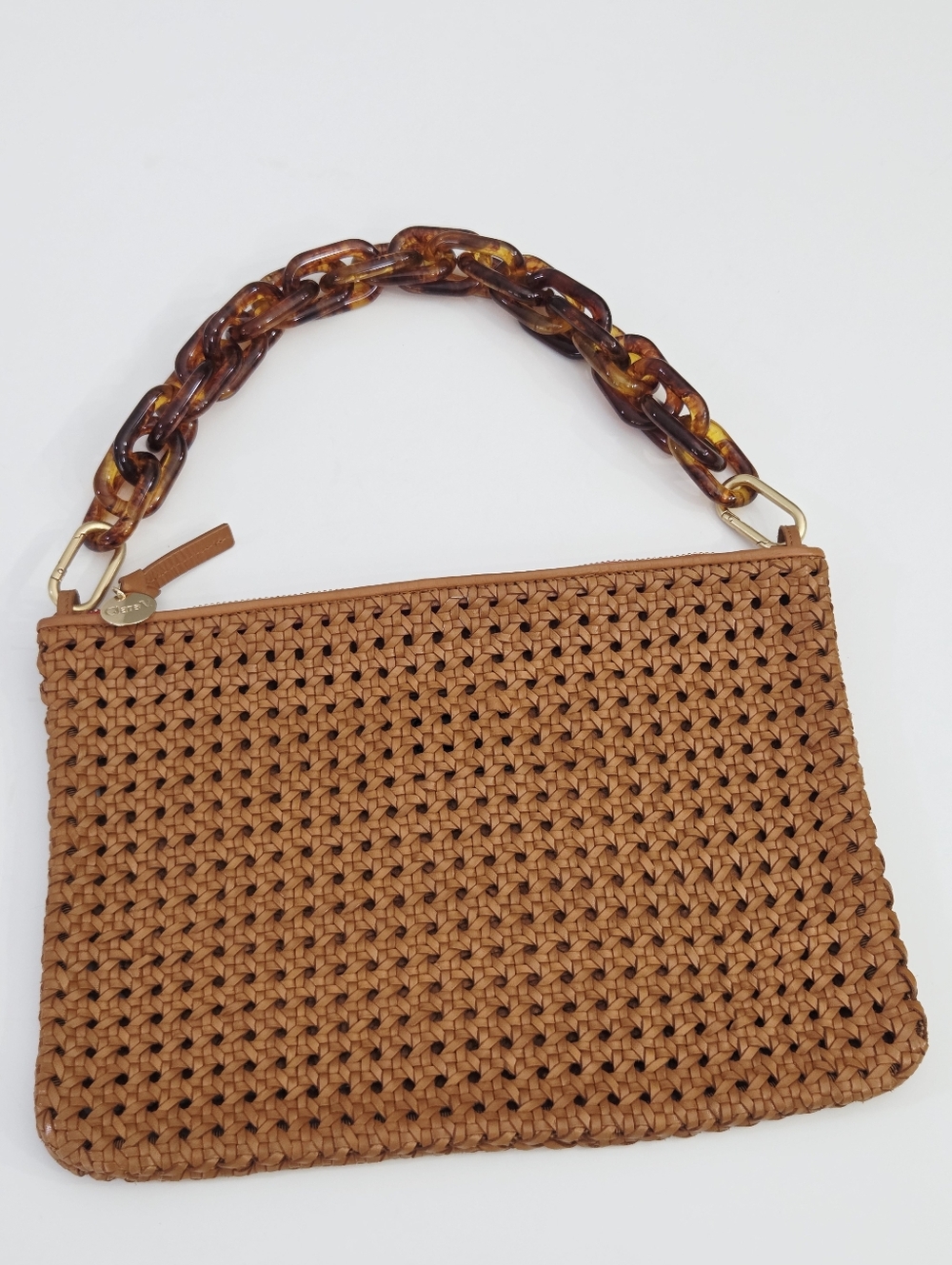 CLARE V FLAT CLUTCH BAG WITH TABS - TAN RATTAN LEATHER + TORTOISE RESIN SHORTIE - Picture 3 of 11